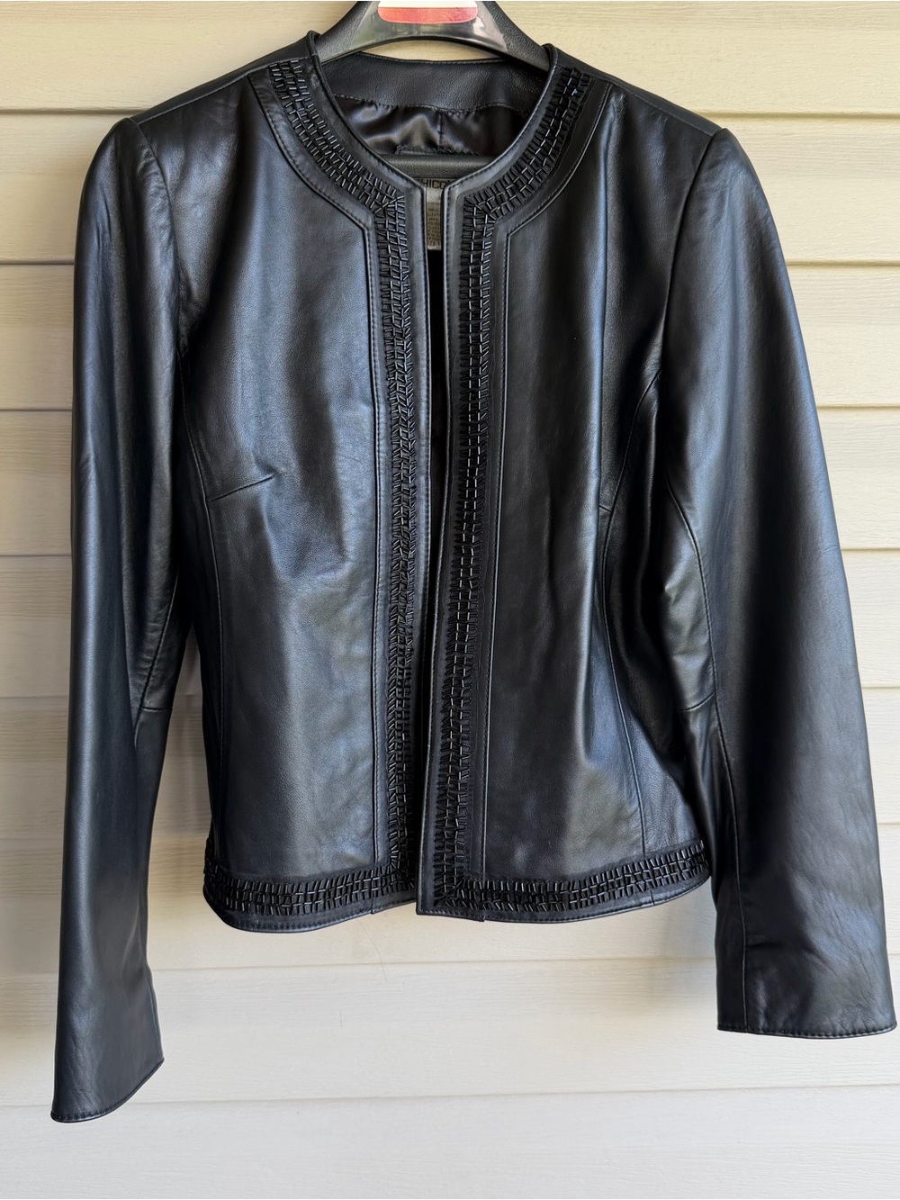 Chico's Genuine Leather Beaded Open Front Cardigan Jacket Black Size 1 / US 8